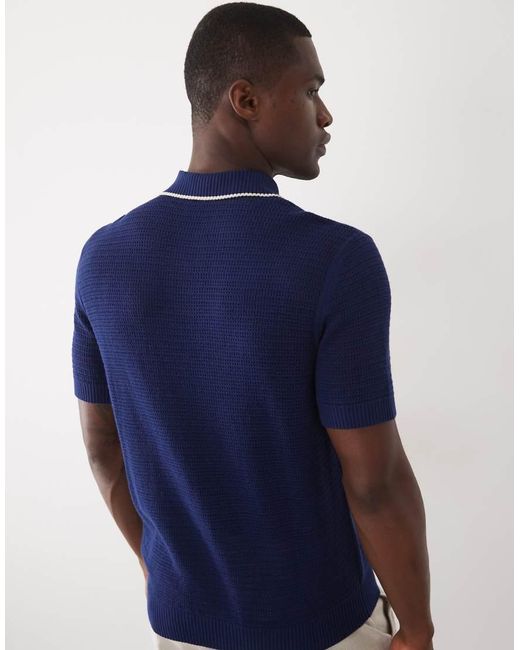 SELECTED Blue Knit Polo With Contrast Collar for men