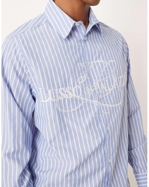 ASOS Blue Relaxed Fit Striped Shirt With Embroidery for men