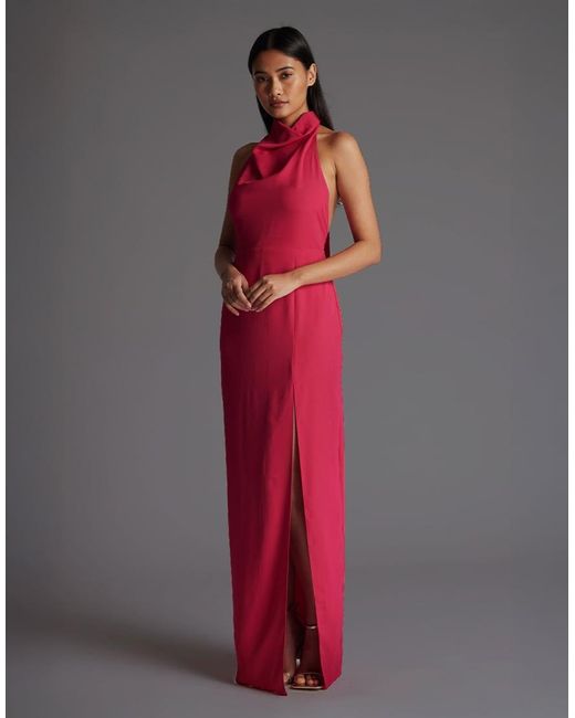 Vesper Red Cowl Neck Open Back Maxi Dress With Thigh Split