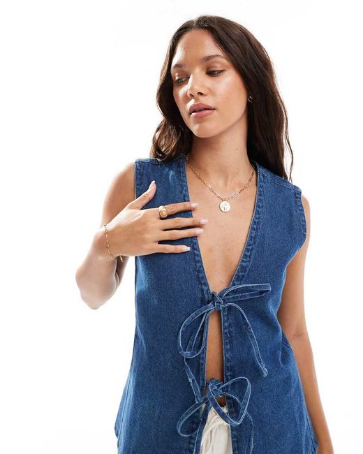 Brave Soul Blue Longline Cotton Denim Waistcoat With Tie Front