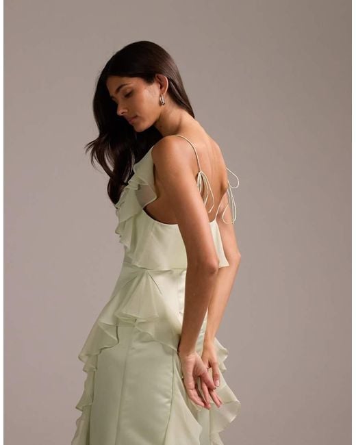 ASOS Natural Bridesmaids Satin Chiffon Ruffle Maxi Dress With Godet Skirt