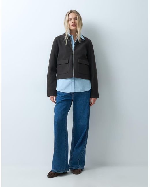 ONLY Blue Zip Through Faux Wool Short Jacket