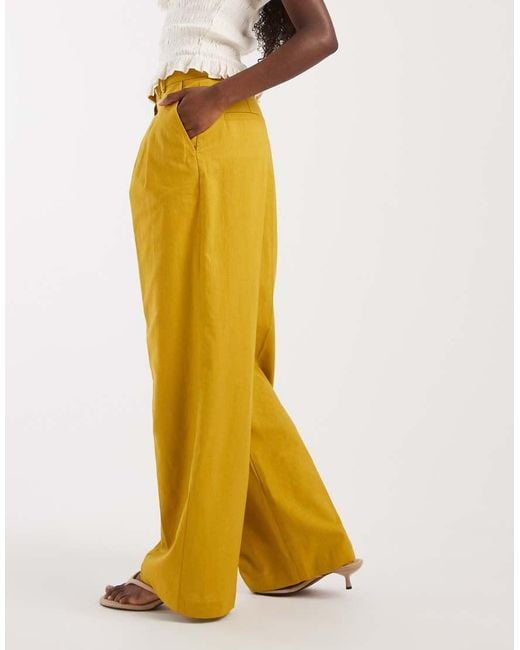 ASOS Yellow Tailored Linen Look Wide Leg Pants With Pleat Detail