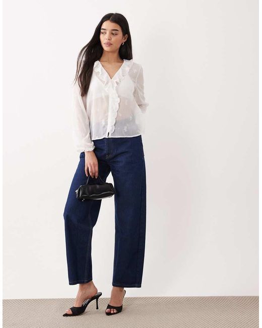 Abercrombie & Fitch White Flowy Long Sleeve Blouse With Front Ruffle Detail