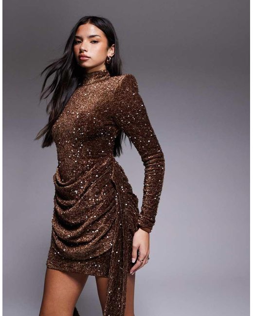 ASOS Brown Velvet Sequin Drape Side Mini Dress