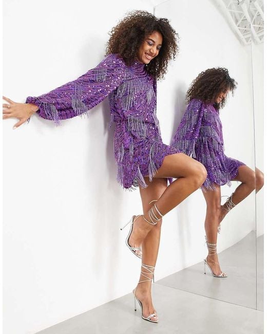 ASOS Purple Edition Sequin Beaded Fringe Long Sleeve Minidress