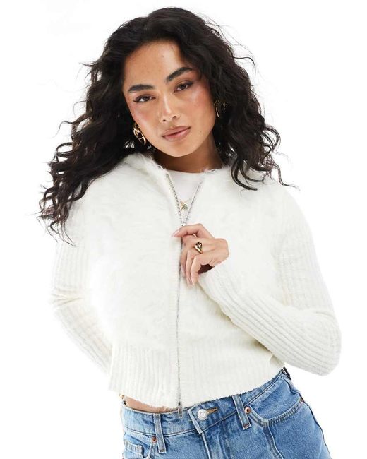Monki Natural Ribbed Fluffy Knitted Two Way Zip Hooded Cardigan