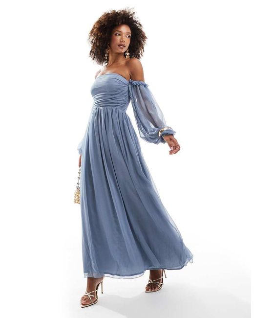 LACE & BEADS Blue Off Shoulder Balloon Sleeve Maxi Dress