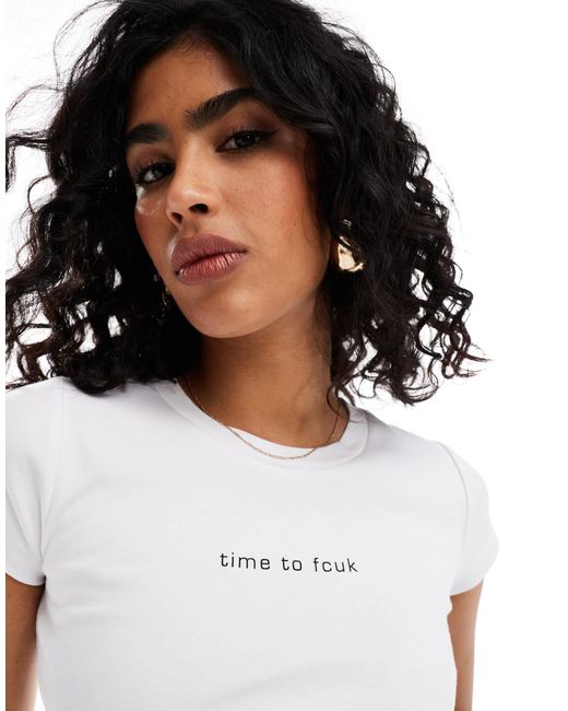 French Connection White Fcuk Baby Tee With Fcuk This Slogan