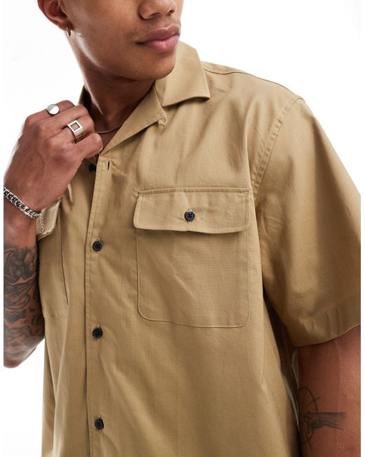 SELECTED Natural Boxy Oversized Camp Collar Shirt With Double Pockets for men