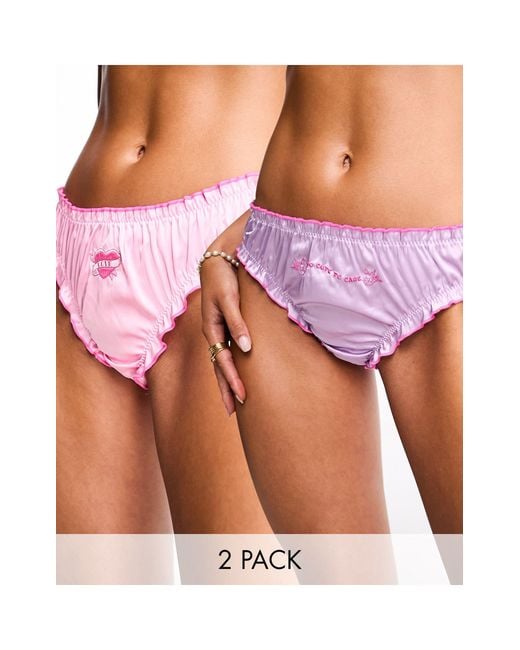 ASOS Pink 2 Pack Too Cute Embroidered Satin Scrunch Thong