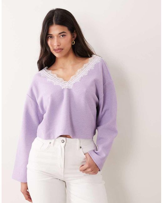 Miss Selfridge Purple Brushed Rib V-Neck Top With Lace