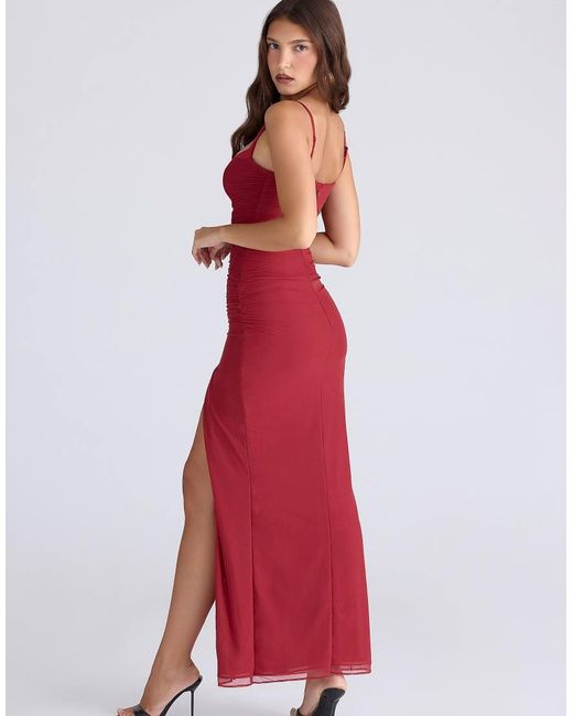 House Of Cb Red Lini Deep Stretch Mesh Corset Maxi Dress