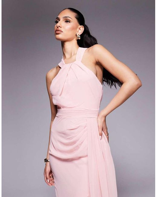 Goddiva Pink Halterneck Thigh Split Chiffon Maxi Dress