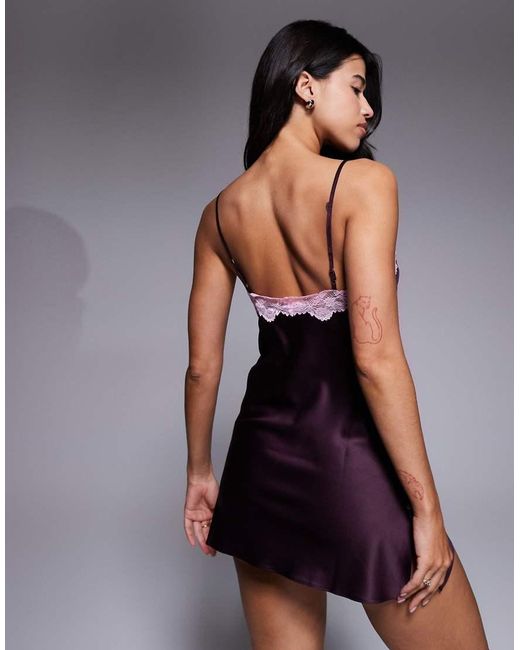 Boux Avenue Purple Amelia Matte Satin Chemise With Lace Detail