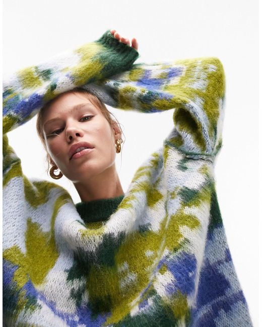 TOPSHOP Green Knitted Oversized Abstract Print Jumper