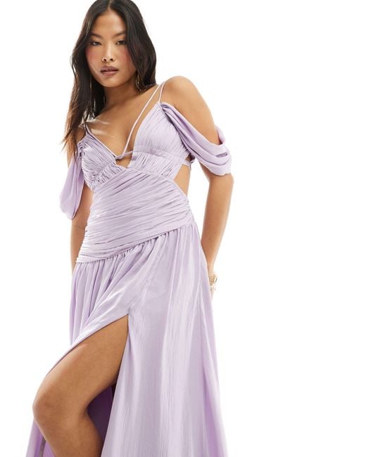 Vestido largo fruncido con hombros caídos y aberturas ASOS de color Purple