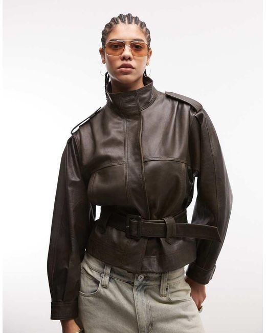 ASOS Black Real Leather Utility Belted Jacket