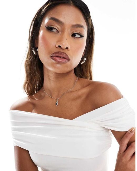 Kaiia White Exclusive Double Layered Slinky Drape Off Shoulder Top Co-Ord