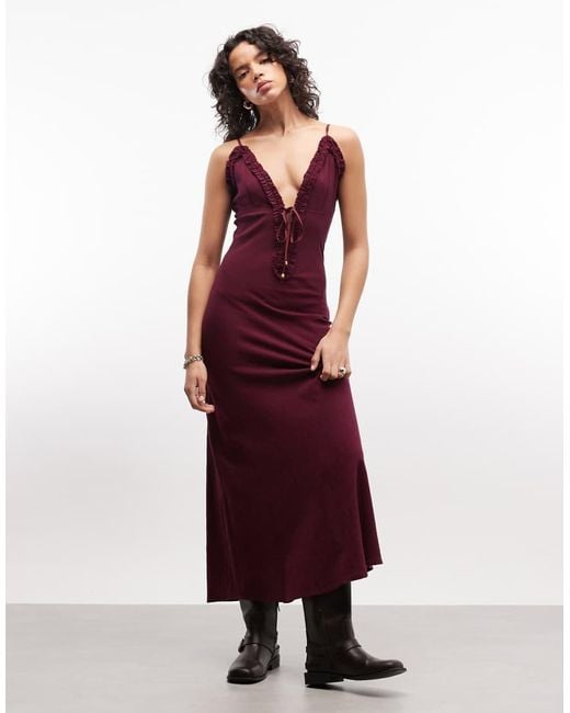ASOS Red Deep Plunge Cami Maxi Sundress With Ruffle Trims