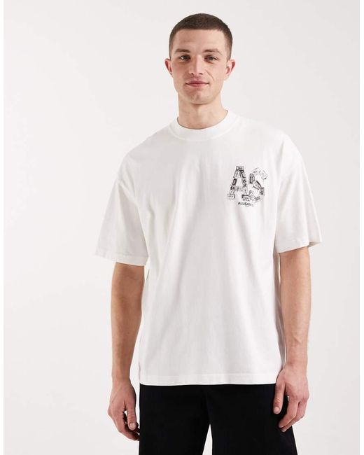 AllSaints White Mixtape Graphic Logo T-shirt With Back Print for men