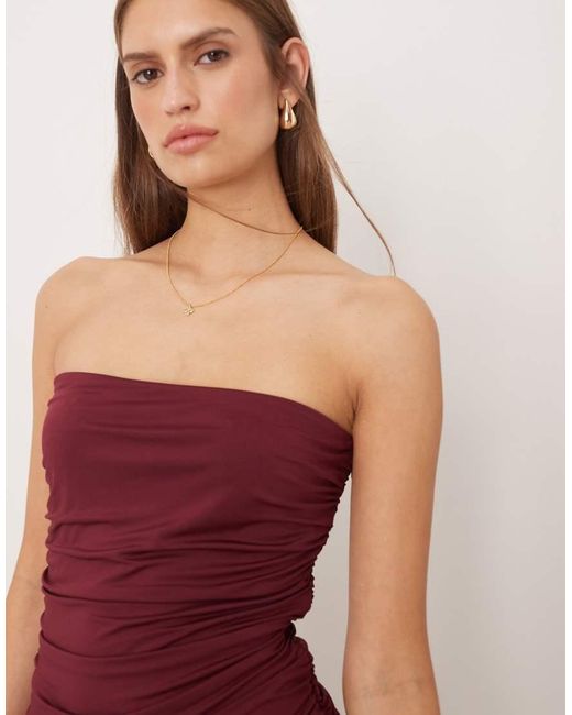 SNDY'S Red Mesh Asymmetric Drop Waist Ruched Detail Maxi Dress