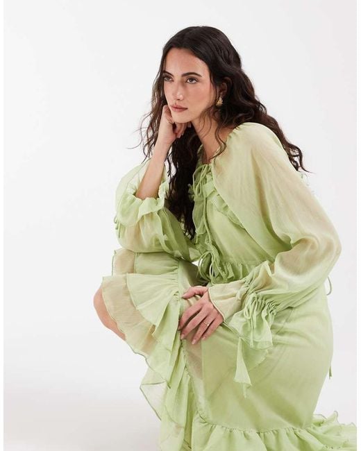 Muse Assembly Green Boho Crinkle Chiffon Ruffle Midi Dress