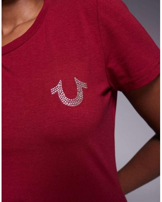 True Religion Red Crystal Logo Crewneck T-Shirt With Back Print