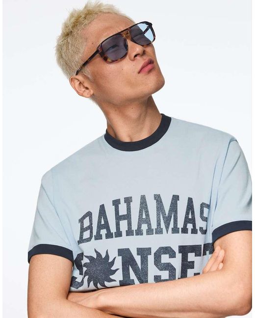 Bershka Blue Short Sleeve Print T-Shirt for men