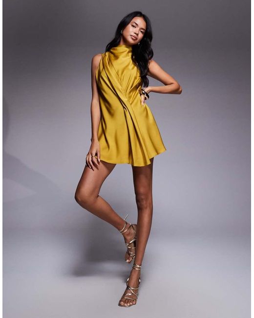 ASOS Metallic High Neck Drape Satin Playsuit