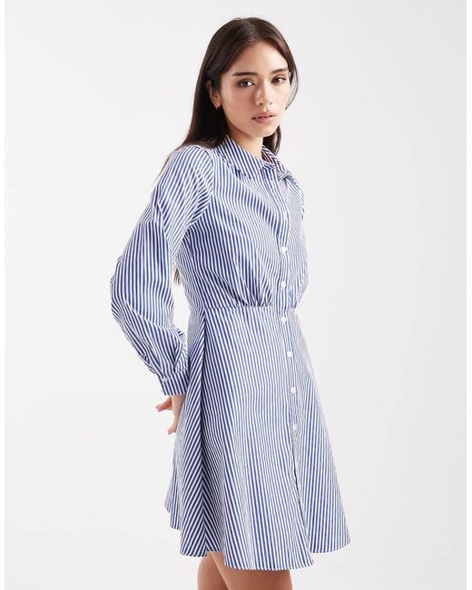 New Look Blue Striped Skater Shirt Mini Dress