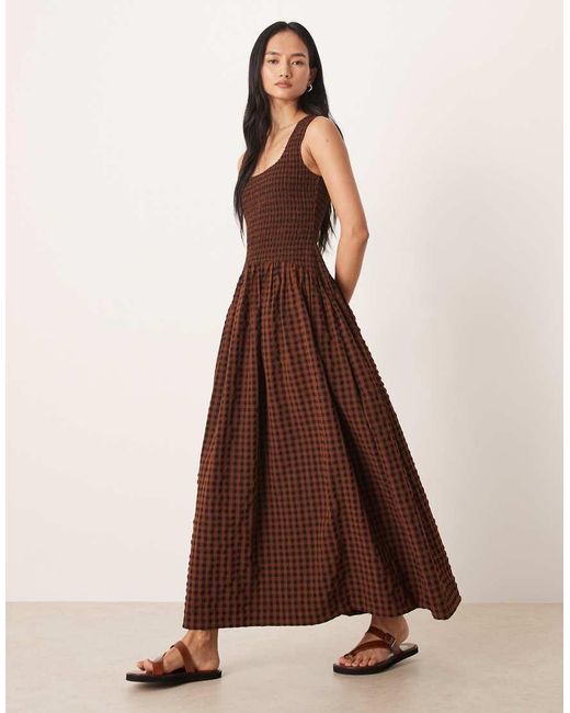 ASOS Brown Crinkle Scoop Neck Maxi Sundress With Shirred Waist