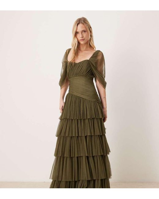 LACE & BEADS Green Asymmetric Ruffle Tulle Maxi Dress
