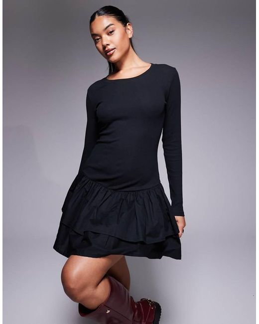 ASOS Blue Ribbed Mini Dress With Woven Skirt