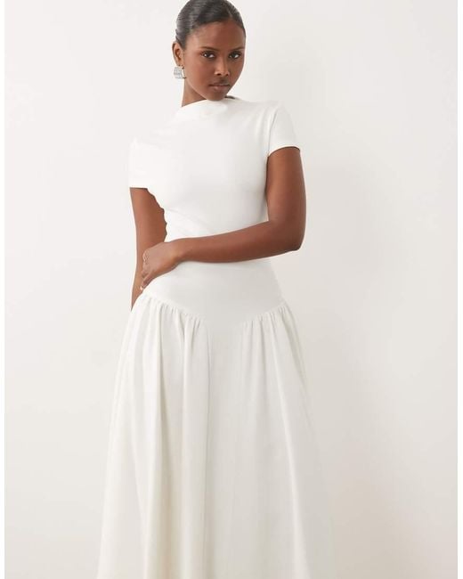 Kaiia White Exclusive High Neck Short Sleeve Fit And Flare Basque Dropped Waist Detail Maxi Dress