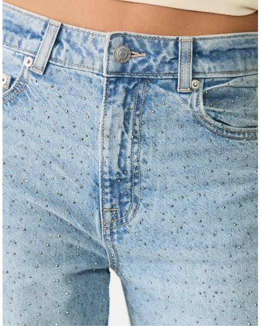 Jeans Dritti Medio Con Strass di Stradivarius in Blue
