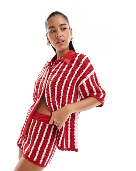 ASOS Red Stripe Scallop Edge Knitted Short Co-ord