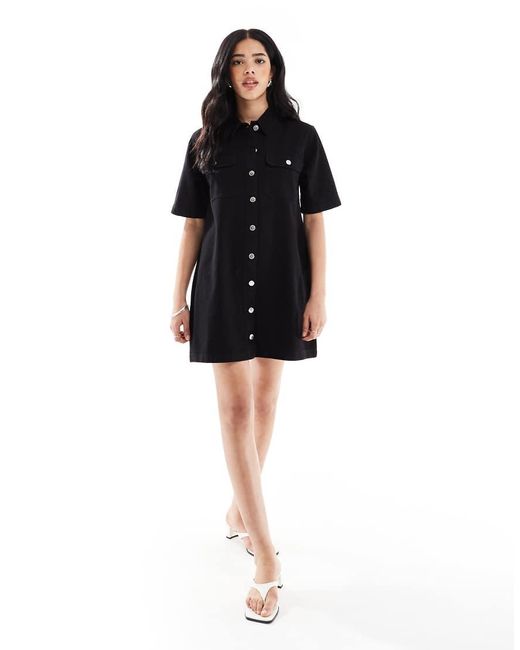 Miss Selfridge Oversized Denim Overhemdjurk Met Korte Mouwen in het Black
