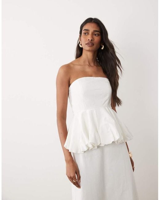4th & Reckless White Cotton Bandeau Peplum Waist Detail Maxi Dress