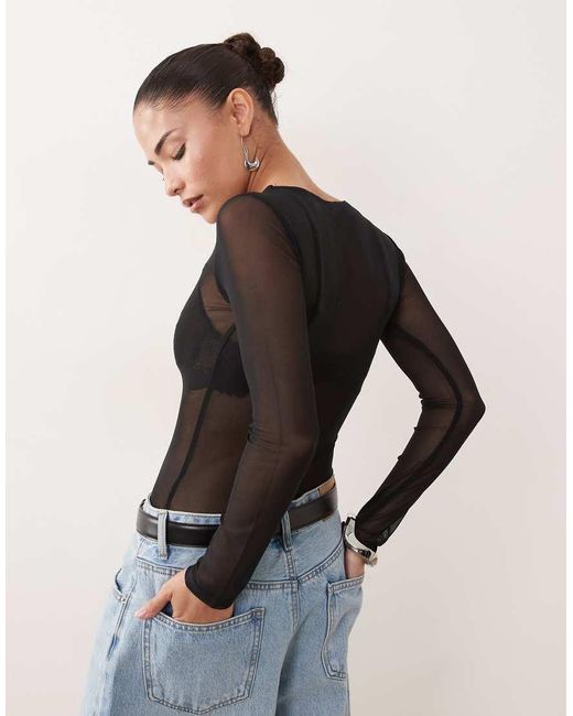 ASOS Black Asos Design Petite Mesh Long Sleeve Bodysuit