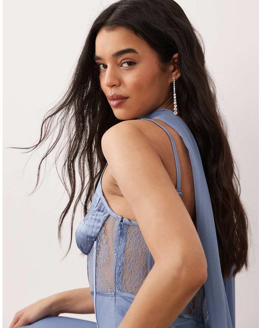 ASOS Blue Cami Satin And Lace Slip Midi Dress With Scarf Detail