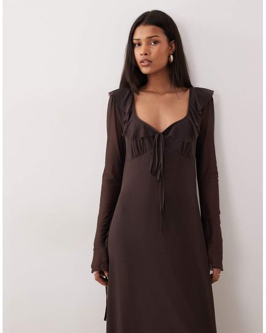 ASOS Brown Frill Neckline Mesh Long Sleeve Midi Dress