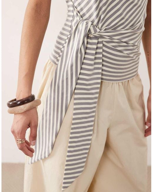 Gina Tricot Natural Asymmetric Shoulder Top With Tie Waist Detail