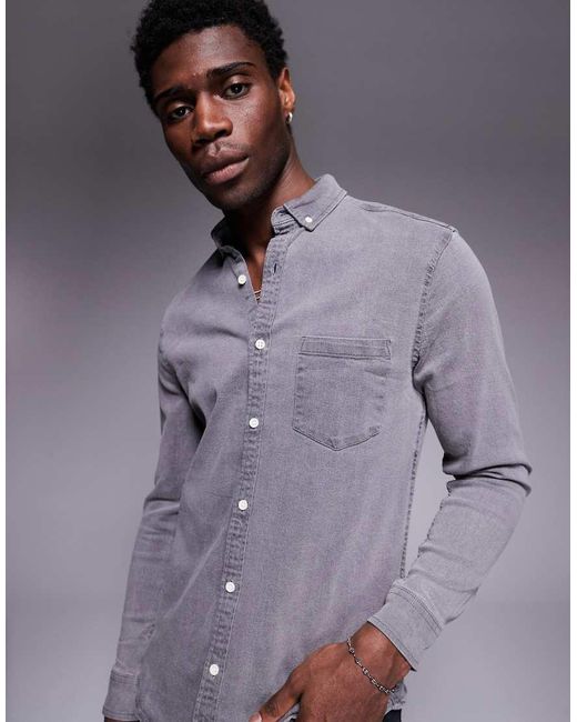 ASOS Gray Stretch Slim Denim Shirt for men