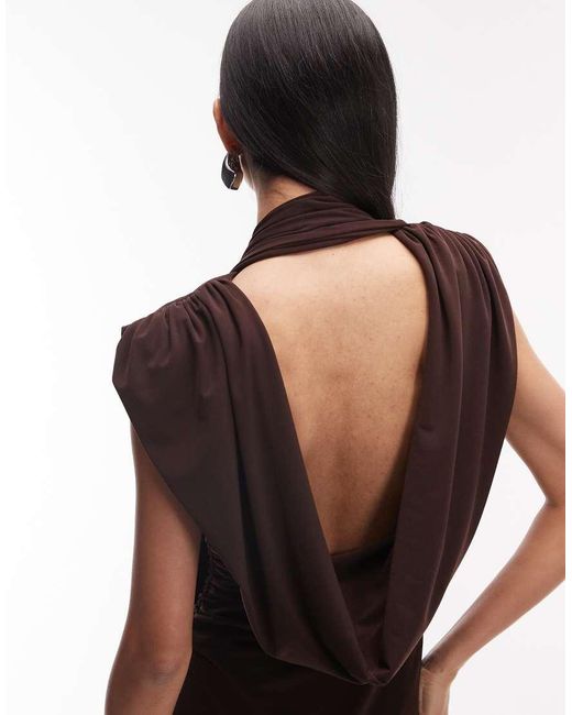 ASOS Brown Slinky Scarf Neck Structured Shoulder Maxi Dress With Cowl Back