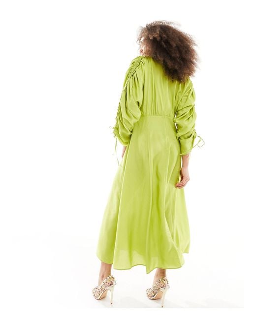 & Other Stories Yellow Drapey Midaxi Dress With Ruche Tie Volume Sleeves