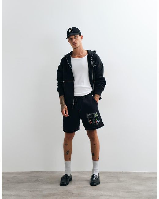 True Religion Blue Buddha Face Graphic Fleece Shorts Co-ord for men