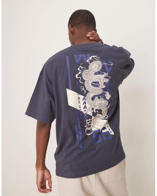 ASOS Blue Oversized T-Shirt With Dragon Graphic for men