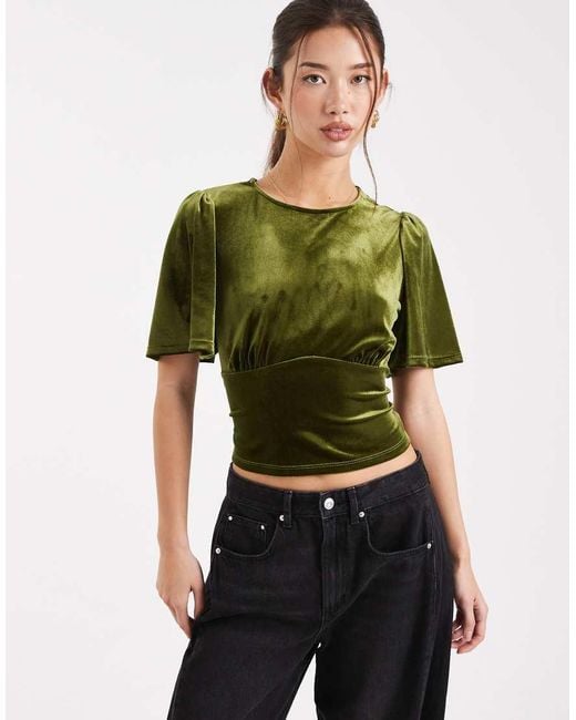 ASOS Velvet Puff Sleeve Top With Tie Back in Green Lyst UK