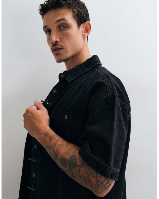 Liquor N Poker Blue Fireman Clasp Detail Denim Shirt for men